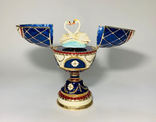 Big Blue Faberge Style Egg Jewellery Trinket Box ''For Lovers'' with a pair of swans photo 3