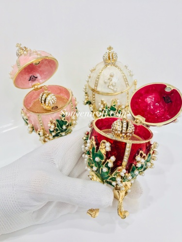 Faberge Style Medium Egg Jewellery Trinket Box ''Lilies of the Valley with a crown'' with music photo 6