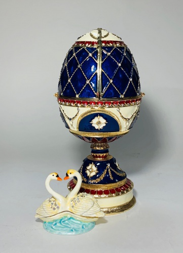 Big Blue Faberge Style Egg Jewellery Trinket Box ''For Lovers'' with a pair of swans photo 2